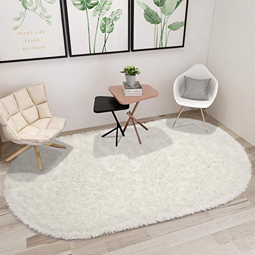junovo Ultra Soft Washable Shaggy Rug - Non-Slip Oval Carpet for Nursery, Kids Bedroom & Home Decor (2.6x5.3ft Creamy) | Plush Fluffy Floor Mat for Cozy Living Spaces - color: Creamy, size: 2.6' x 5.3'