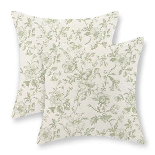 Sage Green Vintage Floral Pillow Covers 16x16 Inch 2 Pcs Green Cream Rustic Toile Chinoiserie Flower Decor Throw Pillows Outdoor Decoration Pillowcase Linen Cushion Cover for Couch Sofa Bed - color: Sage Green Vintage Floral, size: 16" x 16" (Pack of 2)