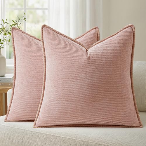 a moment Pack of 2 Decorative Chenille Throw Pillow Covers with Twill Cushion Covers for Sofa Living Room Couch Bed 16x16 Inch,Crafted Border Blush Pink - color: 1.crafted Border Blush Pink, size: 16" x 16" (Pack of 2)
