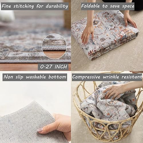CHAMPLANT Area Rug 6x9 Washable Rug Gray Vintage Traditional Floor Cover Thin Rug Retro Kitchen Indoor Distressed Non Slip Carpet Floral Print Mat Living Room Bedroom Dining Room - color: Grey, size: 6' x 9' (Rectangular)