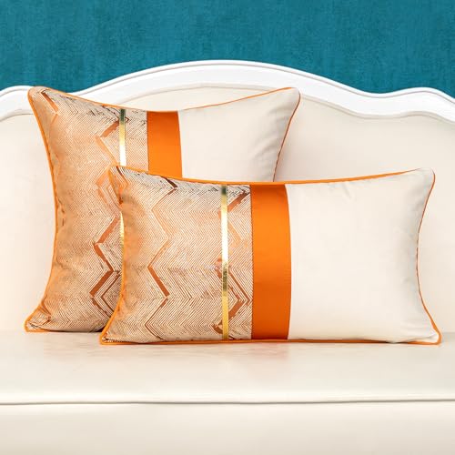 Alerfa 18 x 18 Inch Orange White Geometric Striped Gold Leather Patchwork Velvet Cushion Case Luxury Modern Lumbar Throw Pillow Cover Decorative Pillow for Couch Sofa Living Room Bedroom Car - color: Orange, size: 18" x 18" (Pack of 1)