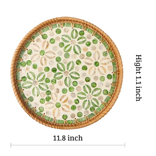 Round Rattan Tray with Mother of Pearl Inlay, Decorative Wicker Serving Tray with Wooden Base, Woven Basket Trays for Bread Fruits Coffee, Starfruit - color: Starfruit