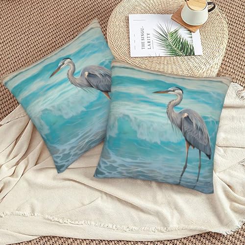 Grey Heron Turquoise Waves Throw Pillow Covers 18 X 18 Inch Set of 2 Pillow Cases Decoration Cushion Cover for Sofa Bedroom Living Room Outdoor - color: Grey Heron Turquoise Waves