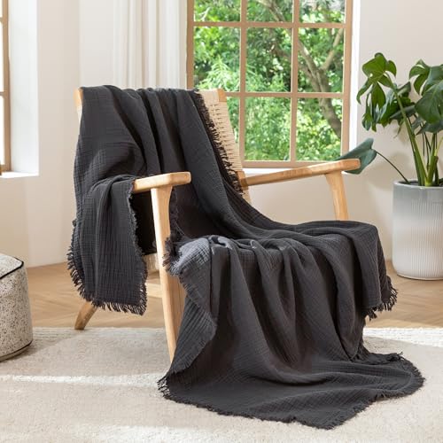 MooMee Muslin Blanket - 100% Cotton 4-Layer Gauze Throw Blanket with All-Around Fringe, Soft Breathable Lightweight Cooling Summer Blankets for Bed Couch (Dark Grey, Queen 90" x 90") - color: Dark Grey, size: Queen