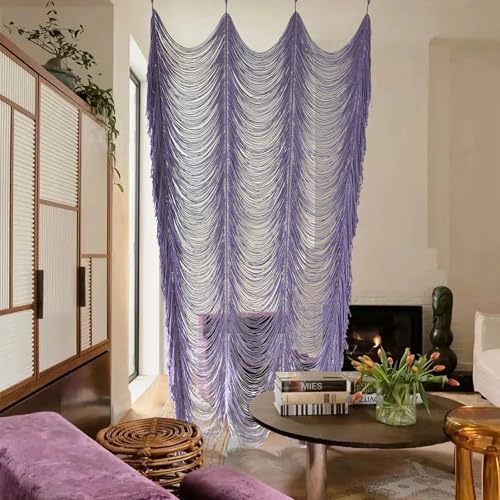 Flber Macrame Curtain Boho Doorway Curtain Handwoven Room Divider for Bedroom Window Closet Wedding Backdrop Arch 59" W x 75" H(1Panel) - color: Purple1