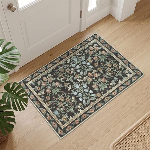 Gold Black Washable Entry Rug 2x3 Small Rugs- Front Door Throw Rugs Indoor, Non-Slip Bathroom Mat, Vintage Floral Thin Rug Stain Resistance for Kitchen, Laundry, Boho Entryway Décor - color: Gold/Black/Multi, size: 2' x 3' (Rectangular)