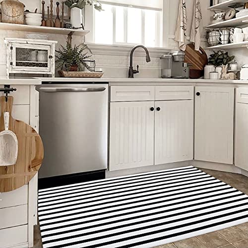 Bottalive Black and White Outdoor Rug 3' x 5' Striped Front Porch Rug Hand-Woven Cotton Rug Machine Washable Floor Mat Indoor/Outdoor Area Rug for Layered Door Mats/Farmhouse/Living Room (3' x 5') - color: Black&white Stripe Bb, size: 3' x 5' (Rectangular