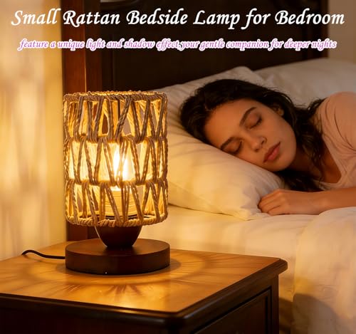 Small Rattan Lamp for Bedroom,Boho Table Lamp for Living Room,Dimmable Woven Bedside Lamp for Nightstands, Handmade Farmhouse Wicker Bamboo Table Lamp for Room Office Decor (LED Bulb Included) - style: B