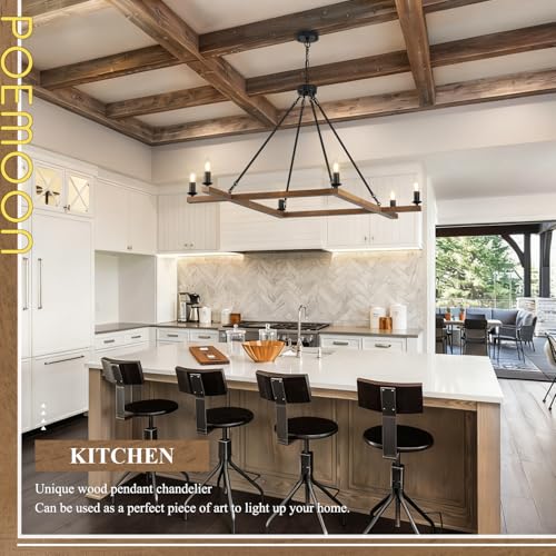 L45'' Rustic Oak Square Wood Chandeliers Farmhouse 6-Light Rectangular Candle Chandelier Unique Long Ceiling Pendant Light for High Ceiling Living Dining Room Foyer Kitchen Island,E12 - color: Golden Oak, size: 45 inches
