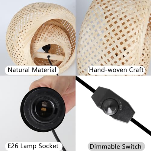 HuisMier Plug in Pendant Light Rattan Hanging Lights with Plug in Cord, Handwoven Bamboo Lampshade Hanging Lamp with Dimmable Switch, Plug in Pendant Light Fixture for Bedroom Kitchen Living Room - color: Beige