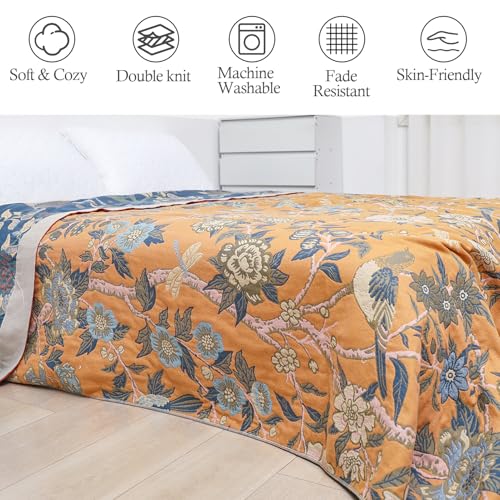 Snycler Boho Throw Blanket for Bed - 100% Cotton Ultra Soft Rustic Quilt Blanket Orange Bird Floral Printed Farmhouse Decor Bed Blankets, 60"×80" All Season Rustic Throw for Sofa Couch Chair - color: Orange Bird Floral, size: 60"x80"