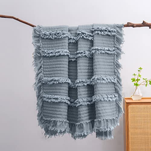 Ultra Soft Pre-Washed Quilted Throw Blanket, Ruffle Fringed Dark Blue Decorative Throw, Stone Washed Chic Rustic Blanket for Sofa Couch Bed Chair, 50"x 60" - color: Dark Blue, size: 50"x60"
