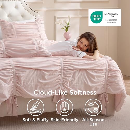 Bedsure Ruched Comforter Set with Bow Trim Pink, GentleSoft™ 3 Pieces Bow Bedding Pink Room Decor, Queen Boho Bedding for Girls Teens Women, 1 Bed Comforter, 2 Pillow Shams, 90x90 Inches - color: 05 - Bow Trim Crystal Pink, size: Queen (90" x 90")