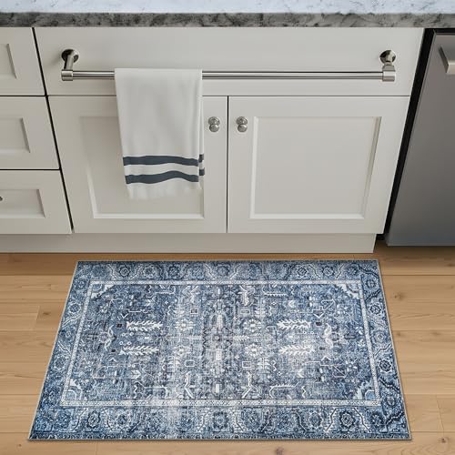 Bloom Rugs Washable Non-Slip 2' x 3' Rug - Blue Traditional Oriental Area Rug for Living Room, Bedroom, Dining Room, and Kitchen - Exact Size: 2' x 3' - color: Blue, size: 2' x 3' (Rectangular)