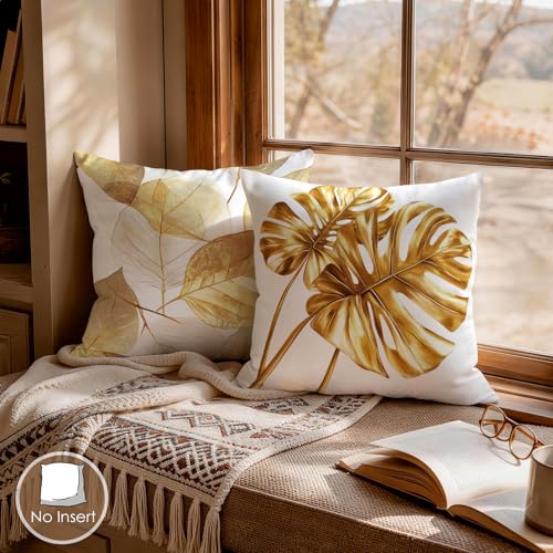 OBSEDE Golden Leaf Illustration Decorative Throw Pillow Covers 18 × 18 in, Set of 4, Couch Cushion Cases Inserts for Sofa Bed Living Room Home Decor, Single Side Print - color: Gilded Botanical Line Drawing, size: 18" x 18" (Pack of 4)