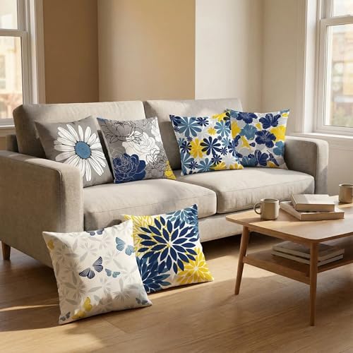 COMMINY Navy Blue Yellow Pillow Cover 20x20 Set of 6, Dasiy Dahlia Throw Pillow Covers, Blue Grey Pillow Case, Spring Summer Pillow Cushion Cover for Couch Sofa Home Decor - color: Navy Blue Orange, size: 20" x 20" (Pack of 6)