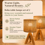 Hamilyeah Tripod Lamps for Night Stands Set of 2, Boho Bedside Lamps with Wicker Shade, Woven Table Lamps for Living Room with On/Off Switch, Wood Desk Lamps for Bedroom - color: Wood Wicker 2 PACK