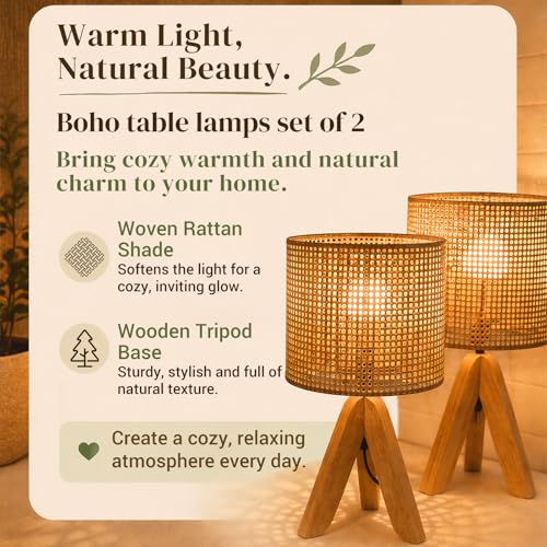 Hamilyeah Tripod Lamps for Night Stands Set of 2, Boho Bedside Lamps with Wicker Shade, Woven Table Lamps for Living Room with On/Off Switch, Wood Desk Lamps for Bedroom - color: Wood Wicker 2 PACK
