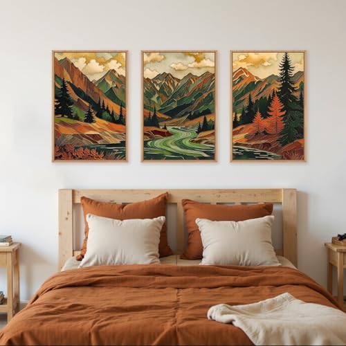 HPINUB Abstract Boho Mountain Framed Canvas Wall Art Set,Vibrant Forest Pine Tree Wall Decor,Textured Landscape Artwork Rustic Linear Scenery Art Print for Living Room,Bedroom,Office-24 x36 x3 - color: Abstract Mountains Wall Art, size: 24"L x 36"W