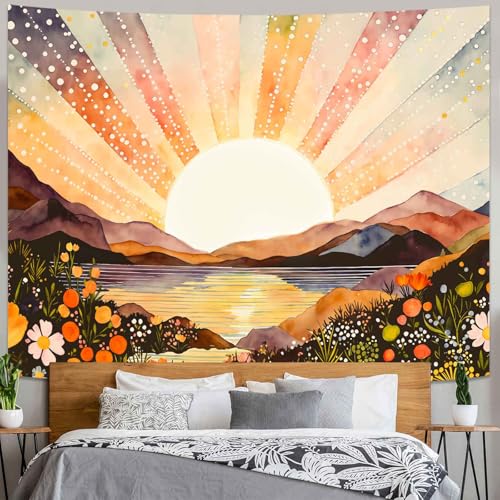 Lunerfex Sunburst Watercolor Tapestry - Landscape Wall Hanging with Mountains and Lake - Boho Aesthetic Decor Tapestries 60"x44" - color: Bright Orange, size: 60"L x 44"W