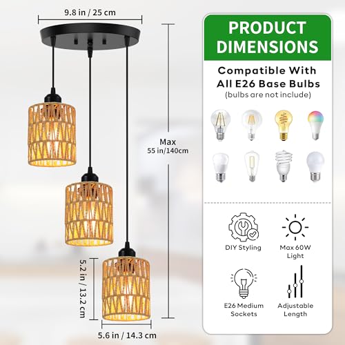 3 Light Pendant Lighting, Farmhouse Hanging Light Fixture for Kitchen Island & Dining Room, Industrial Vintage Ceiling Lamp with E26 Base, Adjustable Height, Rattan Pendant Light - color: Round Base – Rattan Pendant