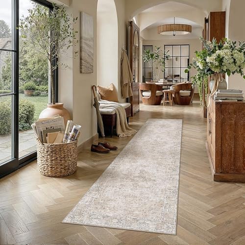 HUGEAR Hallway Runner Rugs 2x10 Washable Rug Beige Vintage Rug Carpet Low Pile Non Slip No Shedding Soft Durable Indoor Bedroom Kitchen Home Decor Floor Mat - color: Beige, size: 2' x 10' (Runner)