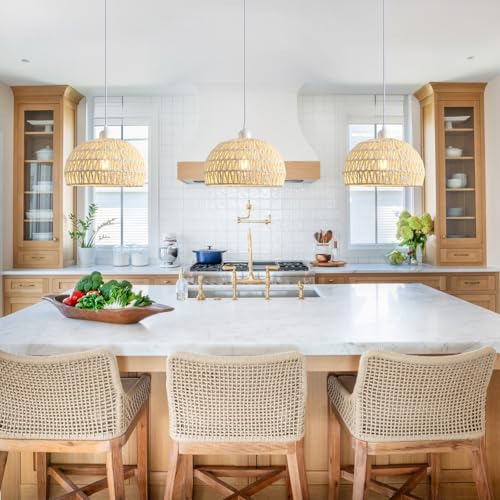 Rattan Pendant Light, 11" Boho Dome Dining Room Chandelier, Cream White Woven Kitchen Pendant Lighting over Island, Coastal Wicker Light Pendant Hanging Light Fixture for Nursery Entryway Bedroom, E26 - color: 11" Cream