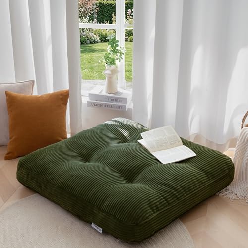 HIGOGOGO 35" Floor Pillow Cushion for Adults, Meditation Cushion Pillow, Extra Large Square Floor Sitting, Tufted Corduroy Cover for Tatami Living Room or Yoga, Dark Green - color: Dark Green, size: 4" Thick Square