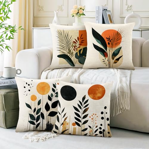 BVBOX Set of 4 Throw Pillow Covers 18"x18", Double-Sided Decorative Pillow Cases, Soft Flax/Short Plush Pillow Covers for Bed, Sofa, Couch, Living Room, Bedroom (Flax, Branches and Leaves) - color: Branches and Leaves