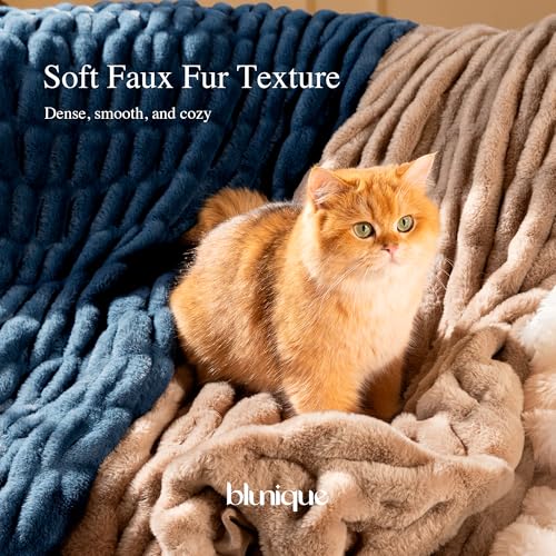 Faux Rabbit Fur Throw Blanket, Soft Plush Cozy Blanket for Couch Bed, Thick Fluffy Ruched Decorative Blanket, Giftable,50"x60",Light Brown - color: Light Brown, size: Throw(50"x60")