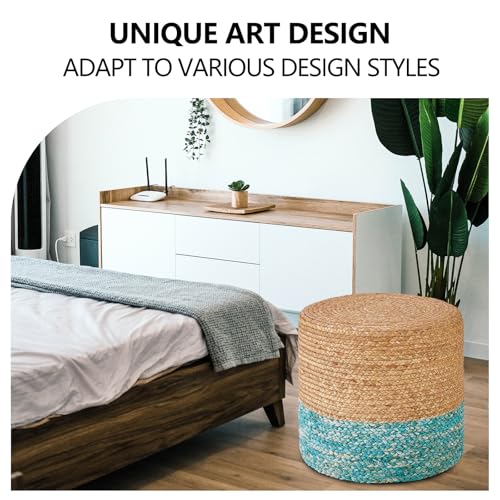 Wimarsbon 2Pcs Pouf Ottomans, Natural Seagrass Foot Stool, Hand Weaving Round Ottoman, Boho Decorative Seat, Jute Braided Pouffe Poof Accent Sitting Footrest for Living Room (18inch 68LK) - color: 18inch Water Hyacinth Braid & Teal Corn Shell