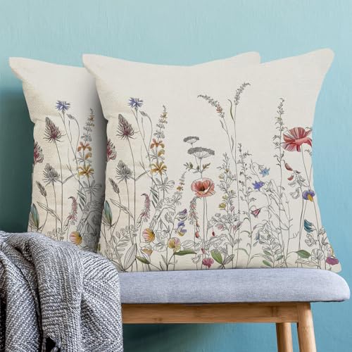 AEIOAE Spring Pillow Covers 16x16 Inch Set of 2, Black Wild Flower Throw Pillows Case,Colorful Seasonal Floral Plant Outdoor Decorative Farmhouse Decor Cushion Covers for Home Sofa Bed Couch - color: Black Flowers, size: 16" x 16" (Pack of 2)