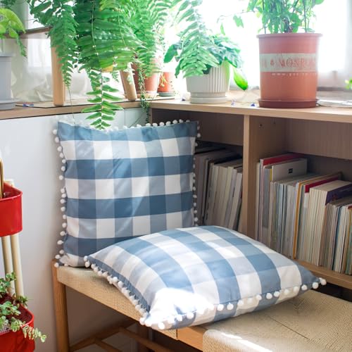 HOPLEE Light Blue Pillow Covers 20x20 Farmhouse Buffalo Check Pillows Covers Blue and White Pillow Covers with Pom Pom for Home Decor 20x20 Inches Set of 2 - color: Blue Plaid Pom, size: 20" x 20" (Pack of 2)