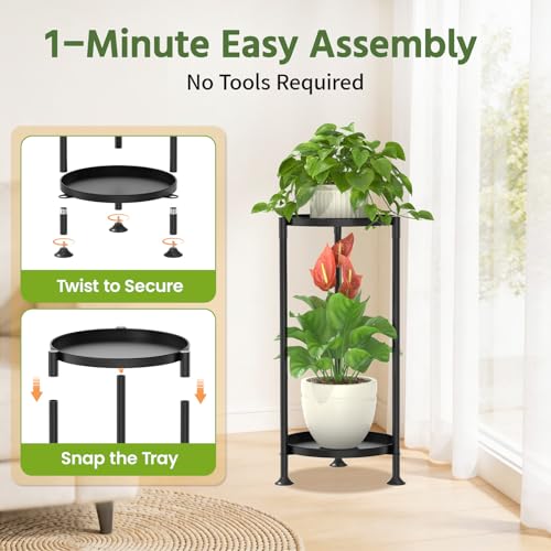 LASZOLA 2 Tier Plant Stand Indoor with Large Metal Tray, Corner Round Flower Holder Rack Tall Outdoor, Morden Planter Display Shelf for Patio Porch Garden Office Living Room, Black - color: Classic Black, size: 2 Tier