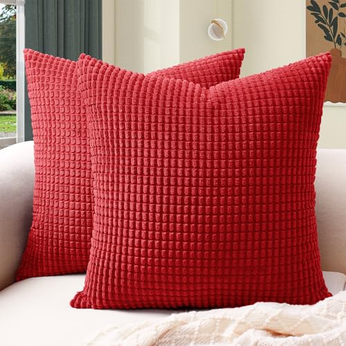 Softalker Throw Pillow Covers 18x18 Inch, Set of 2, Soft Corduroy Boho Stripe Decorative Pillow Cover, Couch Fluffy Pillow Cover for Farmhouse Home Decor Bed Living Room, Red - color: Yml Red, size: 18" x 18" (Pack of 2)