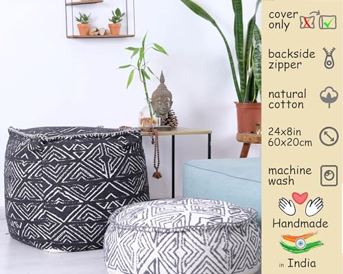 Mandala Life ART Pouf Ottoman - 20x20x20 - Foot Rest Stool White Pouf - color: White Black, size: 24"D x 24"W x 8"H