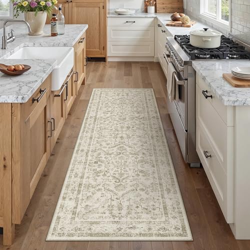 PureCozy Taupe 2x5 Runner Rug Vintage Area Carpet Hallway Indoor Kitchen Washable Low Pile Traditional Distressed Retro Accent Throw Rug Non Slip for Laundry Bathroom Office - color: Neutral Taupe, size: 2' x 5' (Runner)