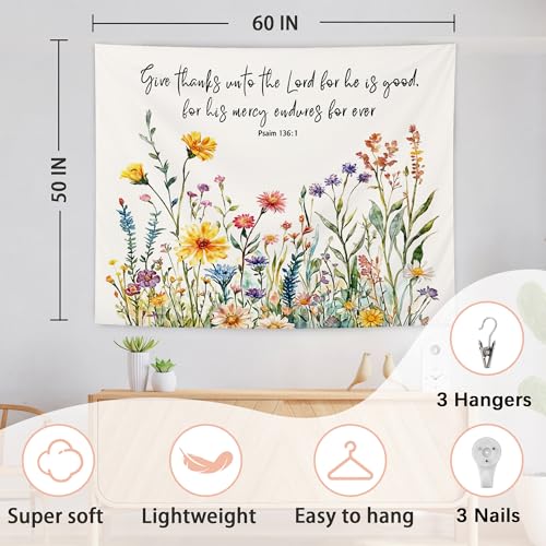 AQYIP Wildflower Christian Tapestry, Psalm 136:1 Bible Verse Tapestry Decorative, Christian Room Decor, Floral Religious Wall Tapestries Blanket Decor for Home Office Church, 50x60 Inch - color: Psalm 136:1