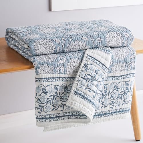 Levtex Home - Adare Blue - Throw - Bordered Floral - Blue, Navy and White - Quilted Throw (50x60in.) - Cotton - color: Blue