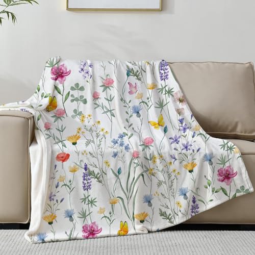 Spring Floral Throw Blanket Watercolor Wildflower Blankets Flower Butterfly Bed Blanket Botanical Plant Leaf Flannel Fleece Throw Blanket for Couch “50x60” - color: Butterfly, size: 50" X 60"