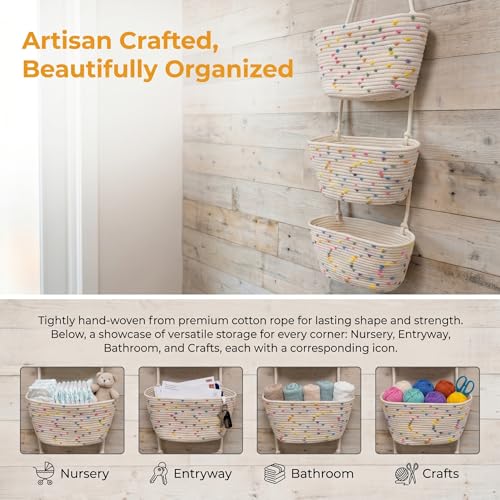 3-Tier Woven Cotton Rope Hanging Basket, Over the Door Organizer, Adjustable Detachable Wall Basket with Metal & Adhesive Hooks, No Drilling for Playroom, Kids Bedroom & Nursery Toy Storage - style: Colorful Dots