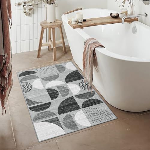 MUJOO Small Rug Washable,Boho Area Rugs for Entryway Bathroom Entry Entrance Bedroom Kitchen,Front Door Mat Throw Carpet Non Slip Indoor Soft Modern Abstract 2x3 Black and Grey - color: Black and Grey, size: 2' x 3' (Rectangular)