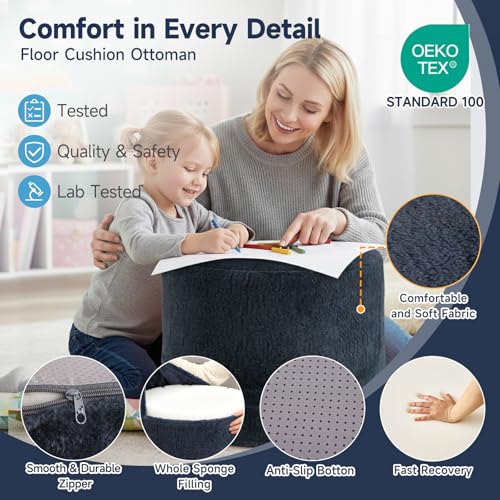 Tiita Stuffed Pouf Ottoman, Round Foot Stool Fluffy Floor Poufs Chair for Living Room Bedroom, Filled Boho Foot Rest for Couch, Blue-Grey - color: Round Blue-grey