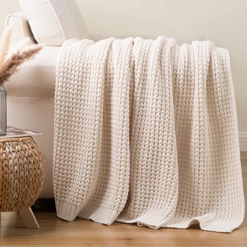 Bunnikins & Clover Cream White Throw Blanket for Couch, Waffle Ivory Throw Blanket for Bed, Warm Decorative White Blanket Throw for Home Decor, 50"x60" - color: Cream, size: 50"x60"