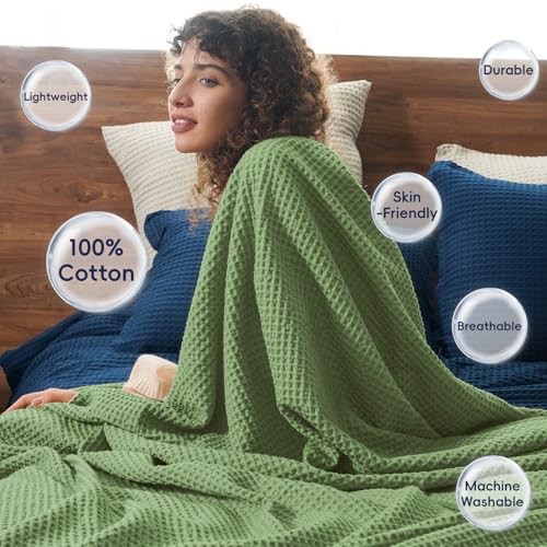 PHF Pre-Washed 100% Cotton Waffle Weave Throw Blanket for Couch, Lightweight Breathable Bed Blanket for Spring Summer, Snag Proof Machine Washable, Home Decor Gift - Loden Green - color: Loden Green, size: Throw(50" x 60")