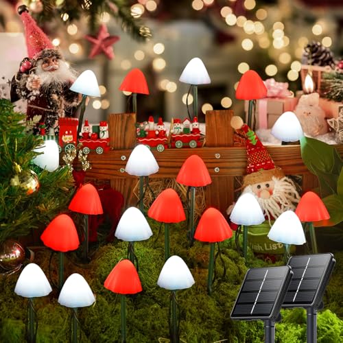 OZS 2PK 32LED 55FT Red and White Christmas Decorations Mushroom Solar Lights, Christmas Lights Outdoor with 8 Lighting Modes, Solar String Lights Waterproof for Outside Yard Party - color: Mushroom-Red & White (Christmas)