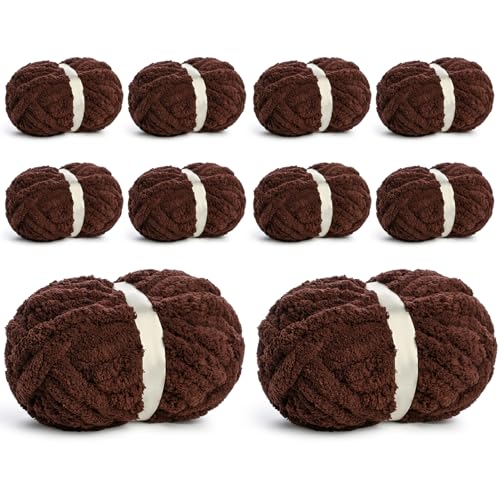 10 Pack Jumbo Chenille Yarn for Crocheting, #10 Super Bulky Baby Soft Yarn for Hand Knitting, 220 yds /70.5 oz Fluffy Chunky Knit Throw Blanket Yarn (Coffee) - color: Coffee