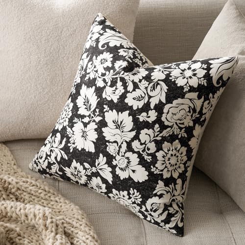 Black Floral Pillow Covers 20x20：Vintage Throw Pillow Decorative Covers — Neutral Modern Farmhouse Patterned 100% Cotton Square Cushions Accent Covers for Sofa Bed Living Room Pillowcases Pack of 2 - color: Sf-black, size: 20" x 20" (Pack of 2)