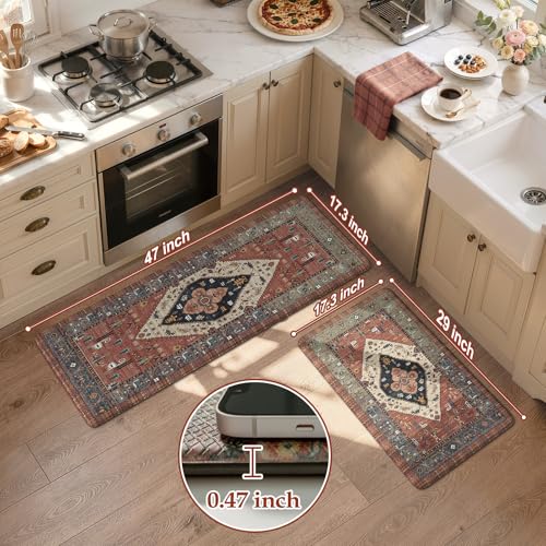 KIMODE Farmhouse Kitchen Mats, Anti Fatigue Kitchen Rugs Sets of 2, Non Slip Waterproof Kitchen Floor Mats, Ergonomic Cushioned Comfort Standing Mat, Red Laundry Room Rug for Office, Sink, Desk - color: Red Floral, size: 17.3" x 47 "+ 17.3" x 29 "--0.47 i