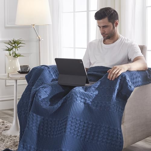 VHC Brands 100% Cotton Waffle Weave Navy Blue Throw 50x60, Decorative Cotton Throw Blanket, Boho Farmhouse Bedroom, Living Room Decor for Bed, Couch, or Sofa - color: Navy Blue, size: Throw (50"x60")